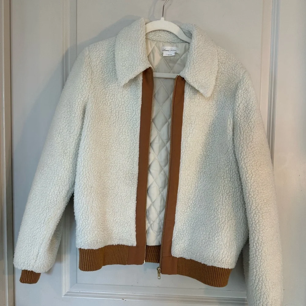 Revolve Lovers + Friends Simone Faux Fur Sherpa Ivory & Tan Bomber Jacket,Small - Picture 5 of 10